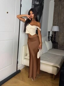 Ronhire 女士优雅百搭缎面半身裙，少女风长裙，斜纹优雅半身裙，女士缎面半身裙，女士夏季长裙，紫色缎面优雅长裙 - 鏽棕色 - 查看 4