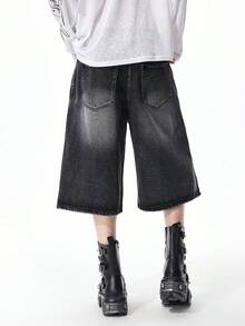 ROMWE MEN Goth Quần short denim ống rộng rách đính đá thời trang nam - màu đen - Xem 3