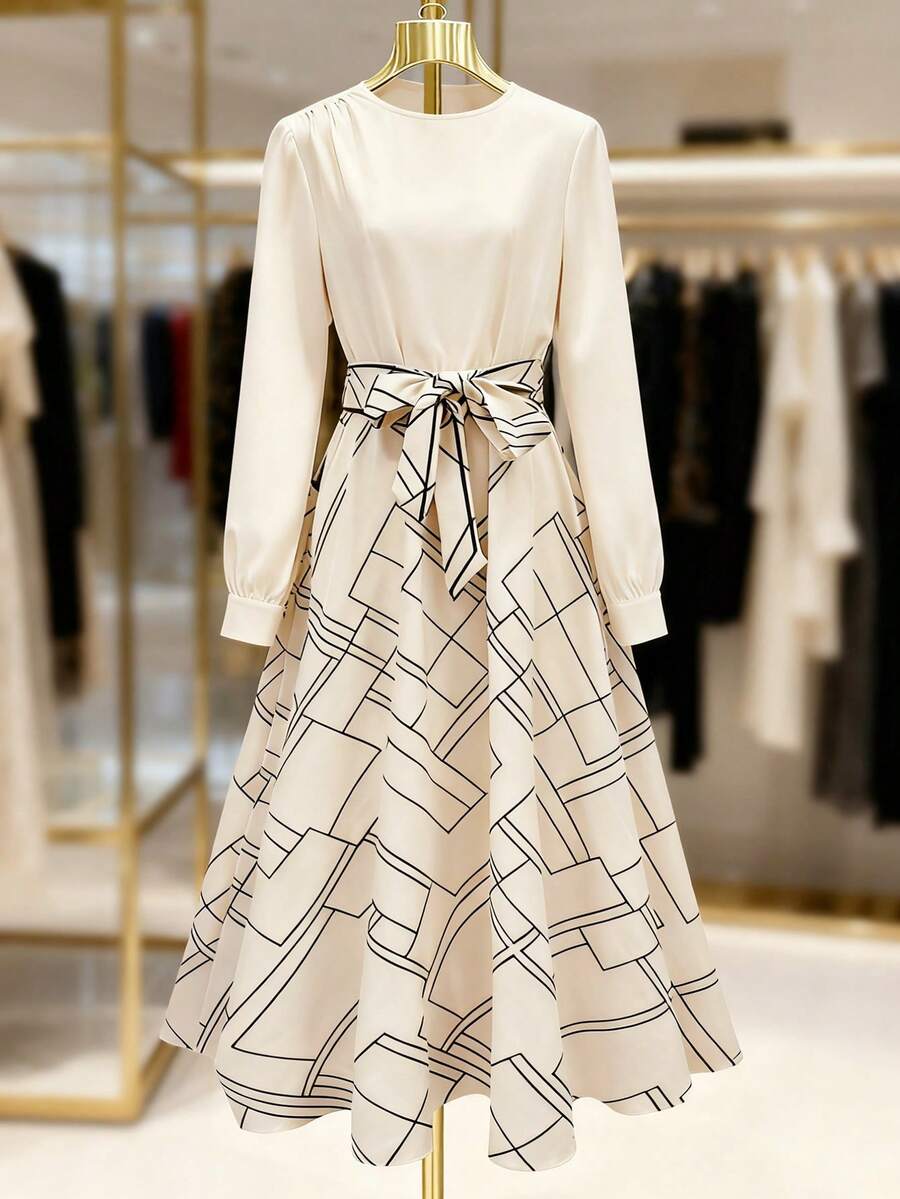 SHEIN PETITE Đầm midi cao cấp dành cho nữ dáng nhỏ nhắn, thích hợp đi làm, dự tiệc, công sở, dạo phố, thanh lịch với họa tiết hình học cổ điển phối nhiều mảnh. - Màu be - Xem 1