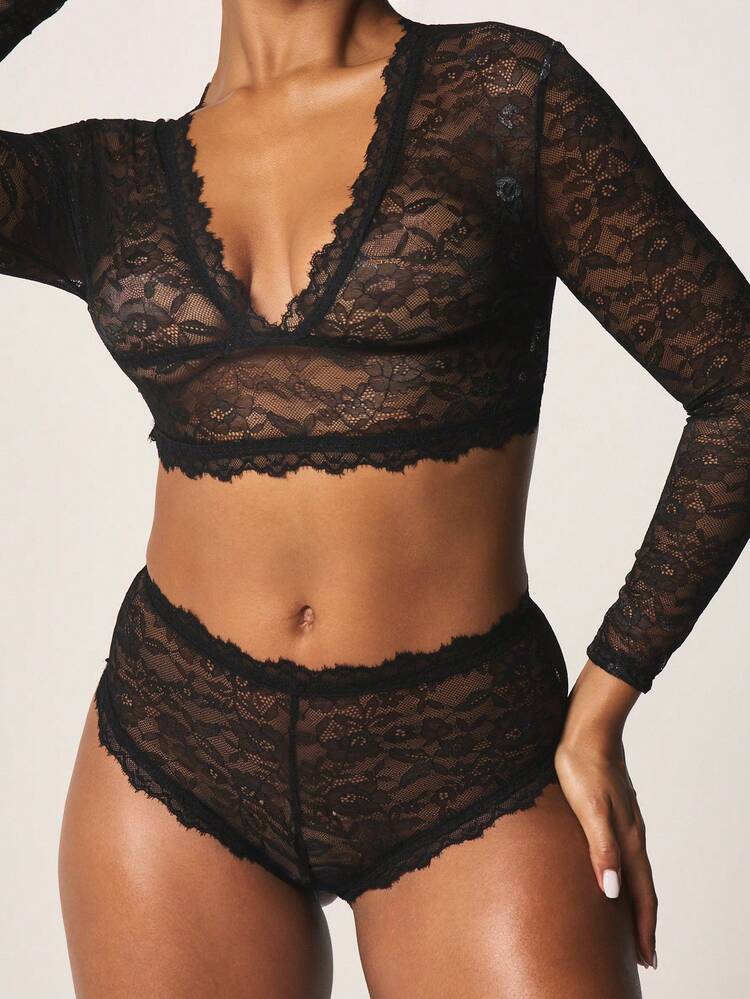 MISSGUIDED Damski komplet bielizny intymnej z koronkowym biustonoszem i majtkami z wysokim stanem i długim rękawem, z falbankowym wykończeniem