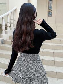 FRIFUL Sweater Kasual Wanita Lengan Panjang Kerah Lipat Warna Polos dengan Kancing - Hitam - View 6