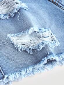 Girlism 少女蓝色牛仔不对称腰部破洞修身短裤 - 黑色 - 查看 4