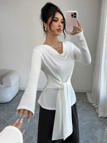 SHEIN Elenzya Bộ 2 món: Áo thun cổ tròn, eo bó và quần dài thường ngày - Xám - Xem 5