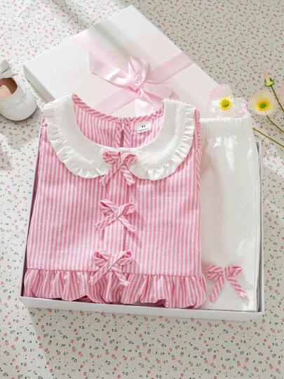 Souflis Souflis Set de 2 piezas de conjunto de niña estilo francés, blusa de manga corta abullonada de color rosa claro a rayas con cuello, combinada con shorts casuales blancos decorados con moño 3D, adecuado para el hogar, juego, salidas y talla grande