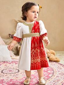 SHEIN Babygirl Elegant & Cute Palace Style Floral Print Color Block Gold Ribbon Long Sleeve Dress - Multicolor - View 3