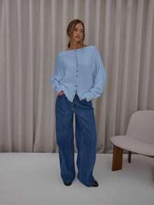 MUSERA Top de punto con cuello de barco, holgado, de murciélago, con botones delanteros, lindo, elegante, sexy, para usar en la calle o de noche en primavera - Neblina azul - Ver 3