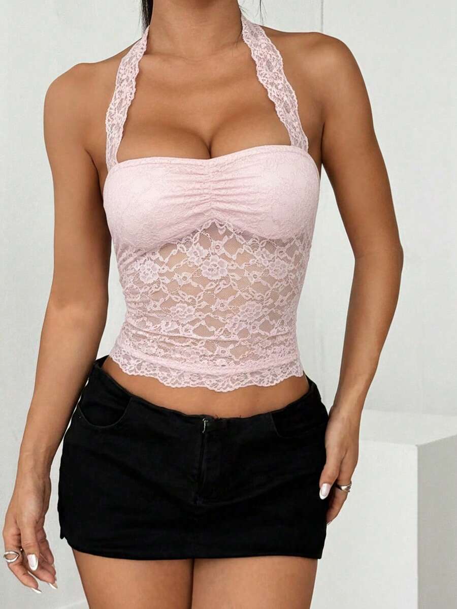 SHEIN EZwear 女士浅粉色蕾丝露背透视短款上衣，情人节浅粉色吊带背心 - 淺粉色 - 查看 1
