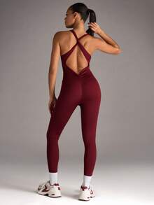 SHEIN BAE 1 pieza Vestido deportivo de mujer de unicolor con espalda descubierta, corte cruzado, sin mangas, ajuste ceñido, para Año Nuevo Chino - Burdeos - Ver 1