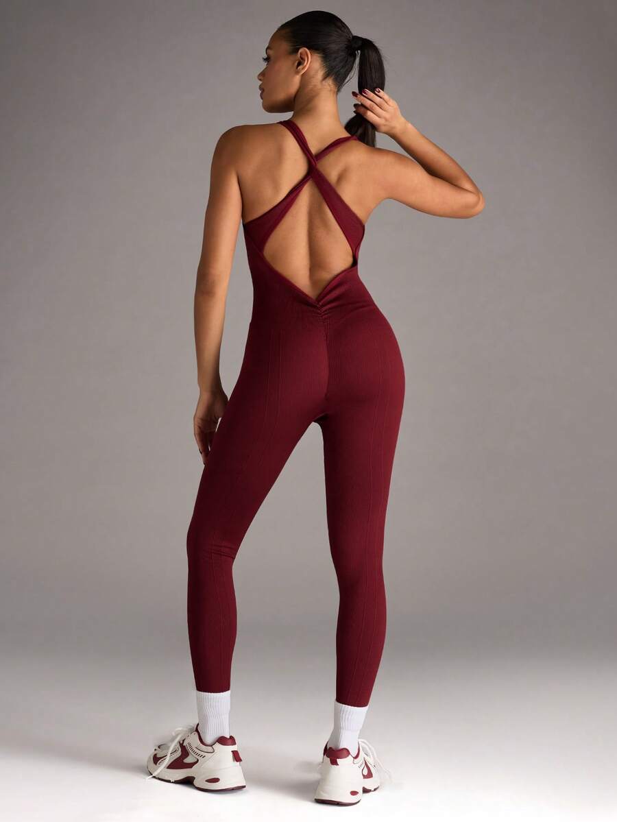 SHEIN BAE 1 pieza Vestido deportivo de mujer de unicolor con espalda descubierta, corte cruzado, sin mangas, ajuste ceñido, para Año Nuevo Chino - Burdeos - Ver 1