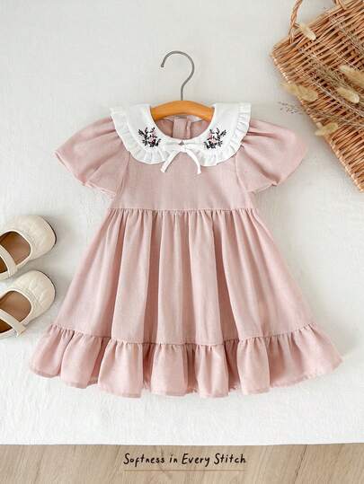 Cozy Pixies Baby Girl Colorblock Peter Pan Collar Puff Sleeve Cinched Waist Casual Comfortable Dress