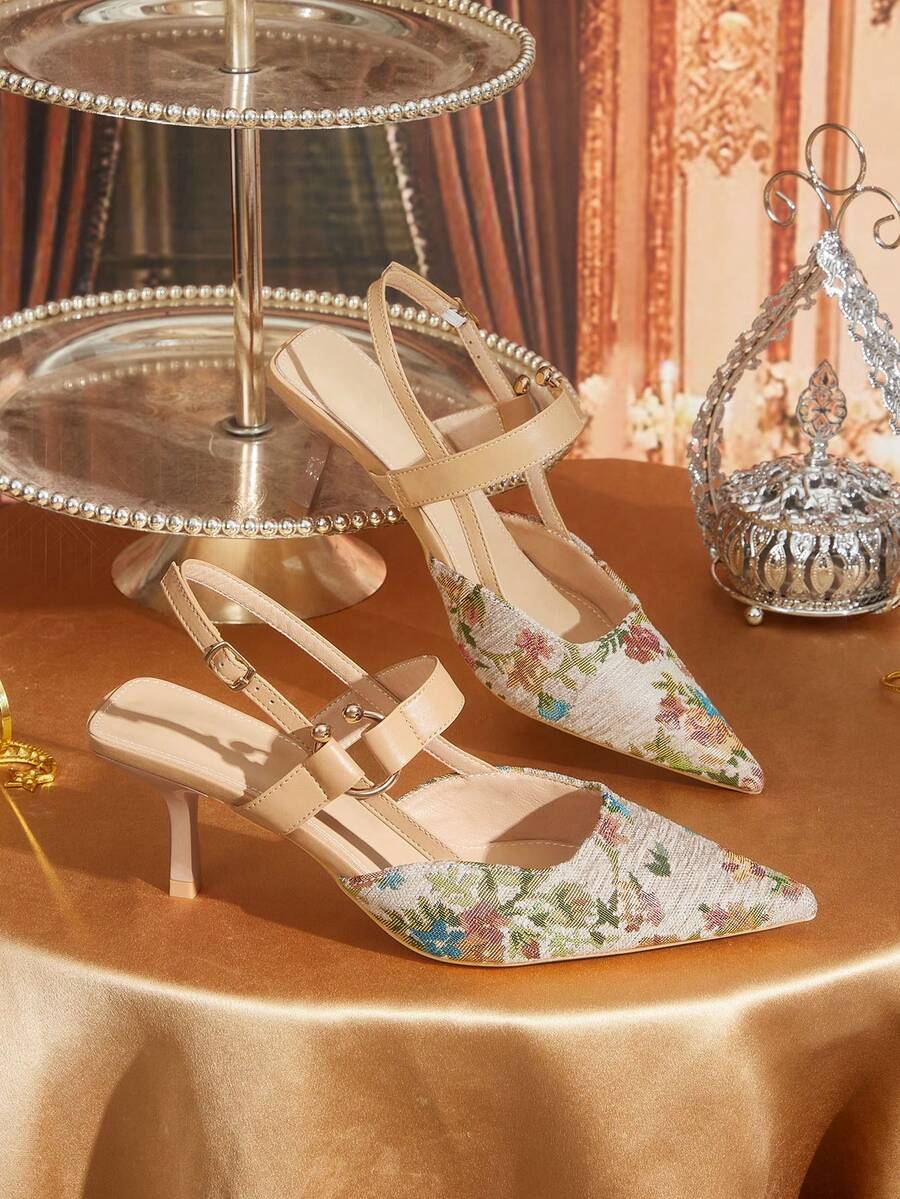 CUCCOO TILAWA 女士休闲舒适通勤刺绣布艺高跟鞋，时尚优雅精致金色圆扣细跟套脚户外商务通勤派对凉鞋 - 杏色 - 查看 1