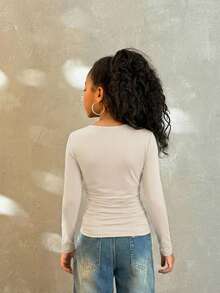 SHEIN Tween Girls Fall Fashionable Snug Fit T-Shirt With Raglan Sleeves, U-Neck, Ruched Waist, Stretchy - Apricot - View 2