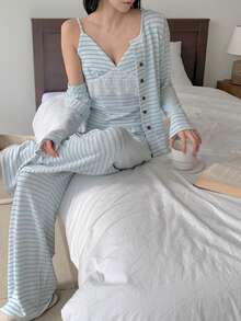 DAZY 3pcs Striped Cardigan Top, Lace Trim Camisole, And Long Pants Women Pajama Set - Blue and White - View 6