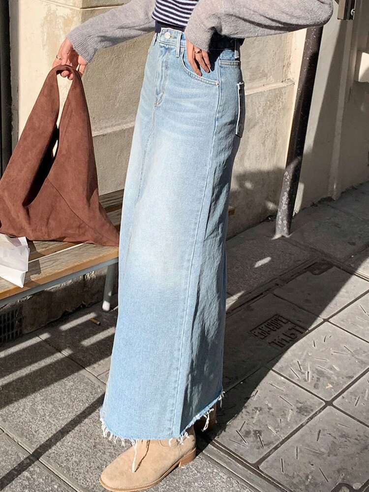 High Waist Distressed Denim Slit Skirt, Slimming Women's Denim Skirt