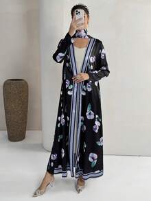 Yasmyna 女士花卉印花缎带装饰休闲宽松开衫睡袍，适合派对和外出穿着 - 彩色 - 查看 3