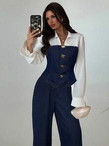 Firerie 女士时尚通勤撞色拼接衬衫牛仔裤套装，春夏情人节狂欢节服装，通勤度假毕业季时尚Y2K可爱街头风派对婚礼优雅商务休闲女装，时尚牛仔束身拼接衬衫搭配长袖翻领阔腿牛仔裤，时尚两件套 - 藍色 - 查看 6