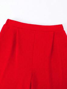 2件套 女士及少女时尚优雅通勤套装，纯色条纹衬衫+宽松阔腿裤 - 紅色 - 查看 7