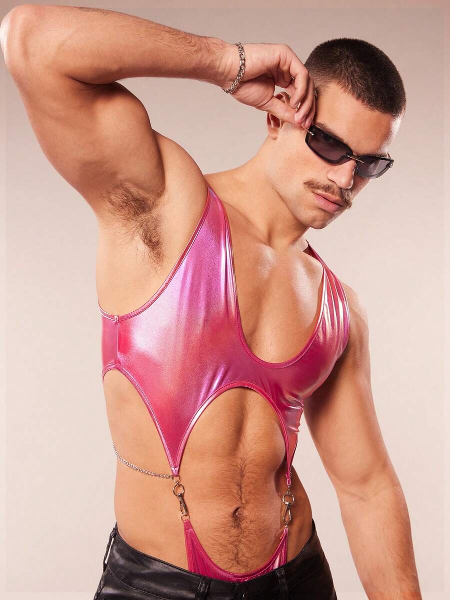 FeverCity Men's Solid Color Hollow-Out Metal Decor Jumpsuit - Pink - View 1