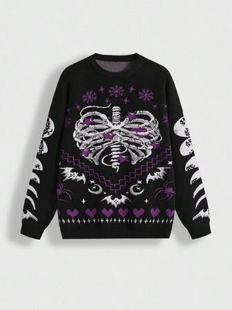 Goth Suéter de talla grande con estampado de corazón demoniaco, esqueleto, murciélago, araña, estrella, luna y copo de nieve, estilo gótico y oscuro. Suéter navideño para mujeres de talla grande, estilo casual de calle. Conjunto navideño de talla grande para mujeres.