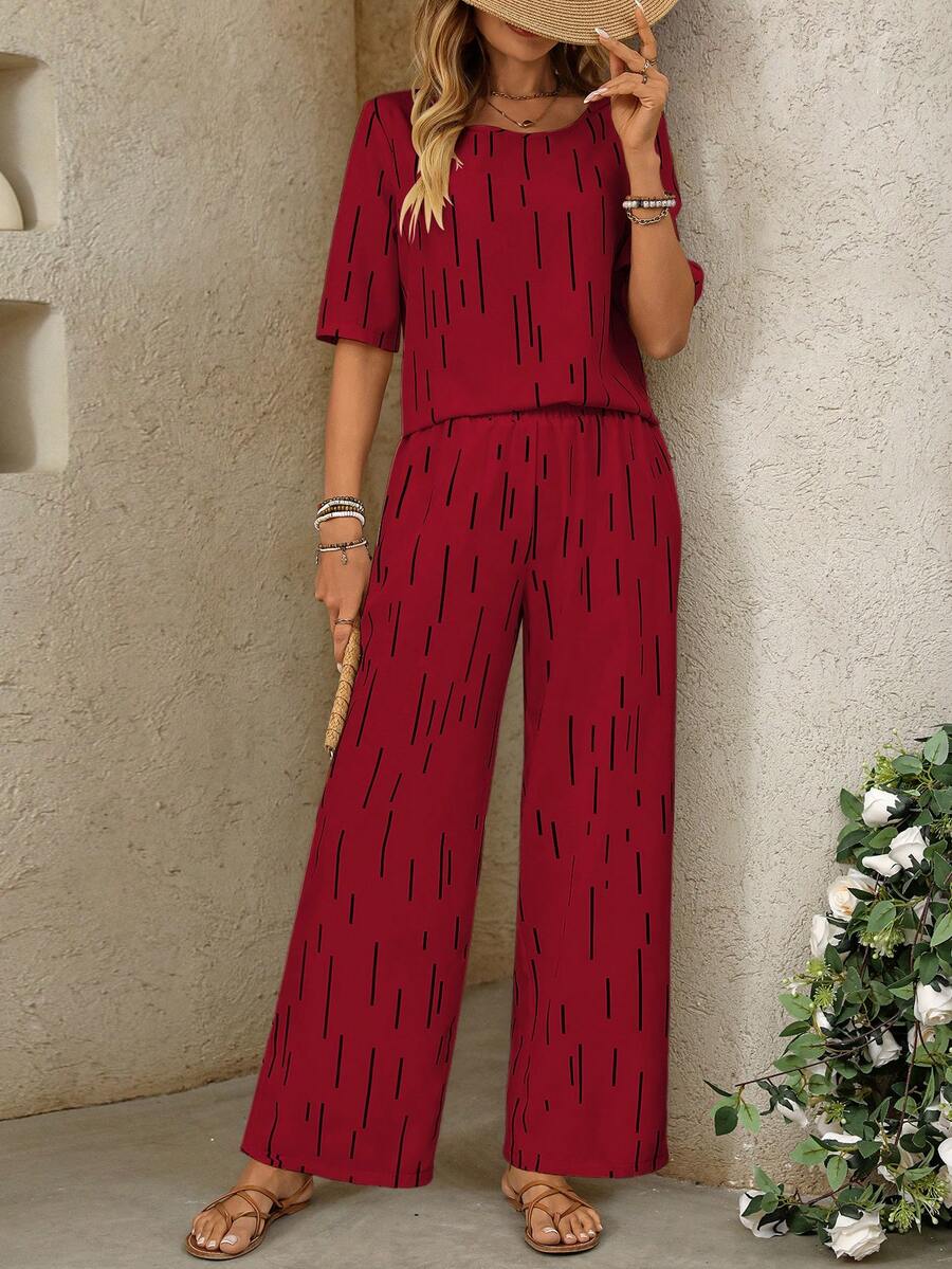 SHEIN Clasi 女士V领宽松印花两件套 - 酒紅色 - 查看 1