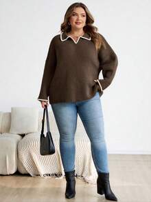 SHEIN CURVE+ Large Casual Contrasting Dog Tooth Edge Lapel V-Neck Women's Pullover Sweater Autumn Winter Clothes For Women - Brown - View 6