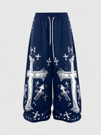 Anime Herren Hose mit Kreuz-Muster, Kordelzug Taille, weite Beine