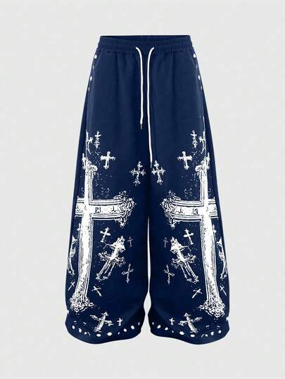 Anime Pantaloni larghi da uomo con stampa a croce, vita con coulisse
