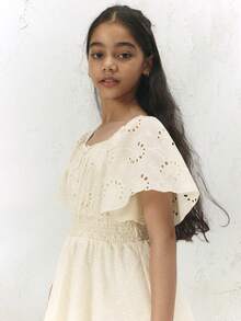 SUMWON Tween Off Shoulder Broderie Anglaise Smocked Waist Mini Dress With Ruffle Flutter Sleeves , Spring Summer Occasions, Casual And Vacation - White - View 3