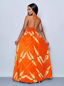 SOLERSUN Women Casual Holiday Deep V Neck Backless Ruched Split Thigh Maxi Dress With Botanical Print - Orange - View 2