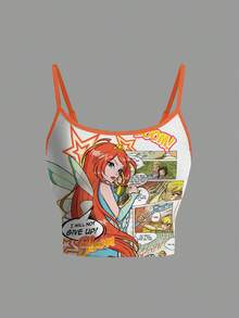The Winx x SHEIN Women's Fashion Cartoon Print Cropped Slim Fit Camisole Top, Summer - White - View 1