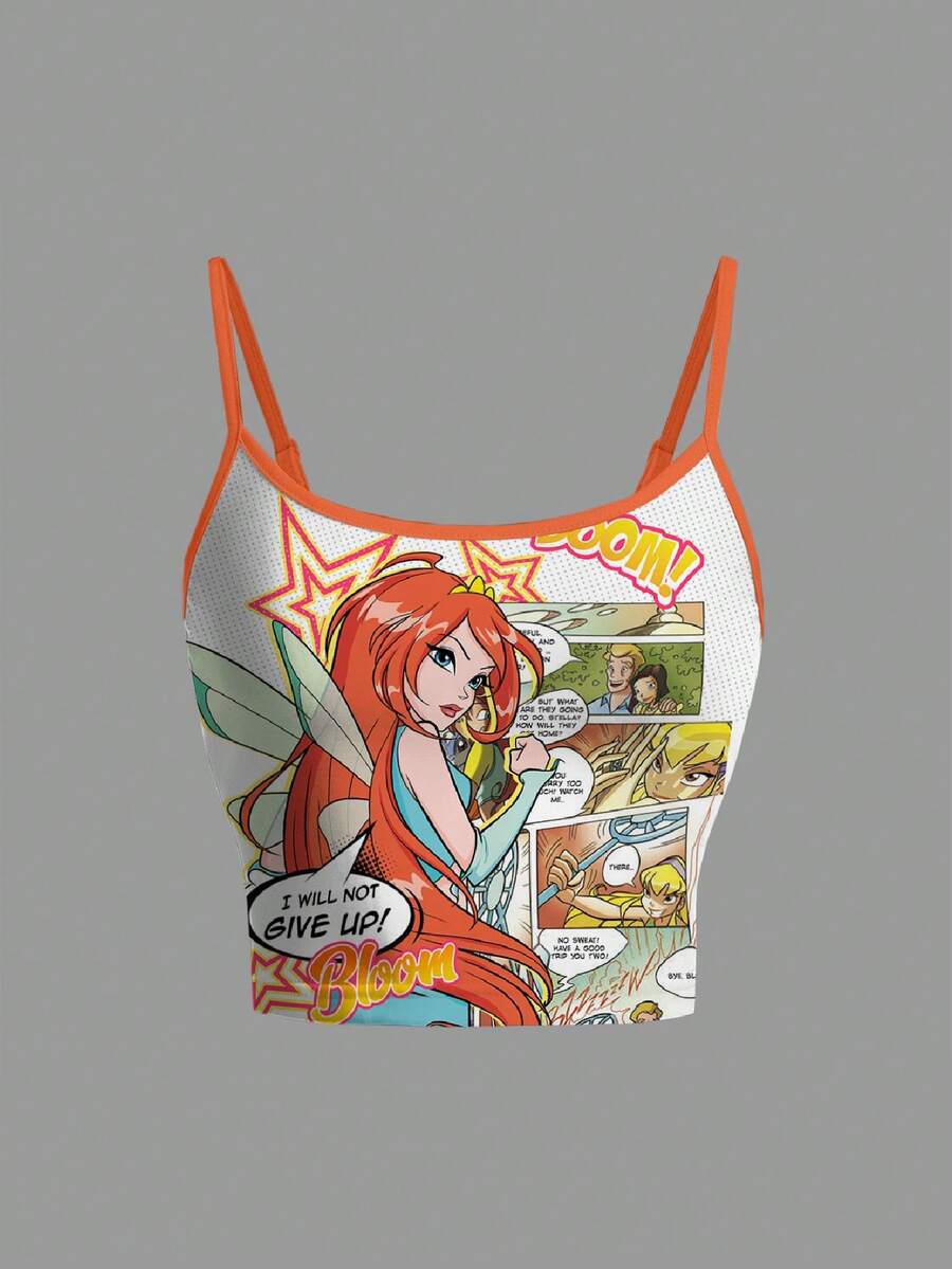 The Winx x SHEIN Women's Fashion Cartoon Print Cropped Slim Fit Camisole Top, Summer - White - View 1