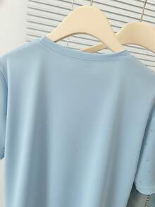 Women's Casual Blue Knitted Fabric T-Shirt With Rhinestone Detail And Round Neck Short Sleeves Regular Length - Blue - View 5