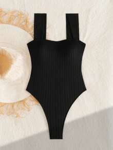 Elenzga Áo tắm liền thân Swim Chic Sea Plain Textured High Cut có đệm mút tháo rời dành cho nữ - màu đen - Xem 6