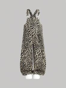 Young Girls'Y2K Fashionable Leopard Print Denim Overall,Comfortable Soft Casual Street Wear,2000s Style Spring Summer Vacation Outfits Denim Shorts - Khaki - View 3