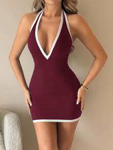SHEIN ICON 黑白撞色滚边深V领露背迷你连衣裙 - 酒紅色 - 查看 4