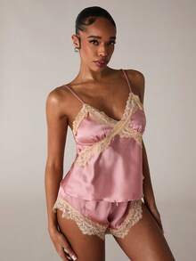 SHEIN BAE Women Contrast Lace Camisole And Shorts Pajama Set - Baby Pink - View 5