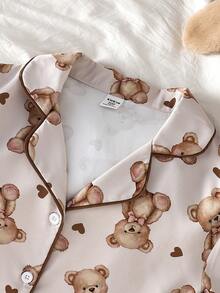 少女睡衣套装 - 两件套，泰迪熊印花，纽扣翻领长袖上衣，长裤，松紧腰带，滚边装饰，中性米色系，可爱睡衣，四季皆宜，2026年假日必备礼物 - 彩色 - 查看 7