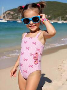 Young Girl Waist Tie Hollow Bowknot Striped Print Spaghetti Strap One-Piece Swimsuit - Pink - View 6