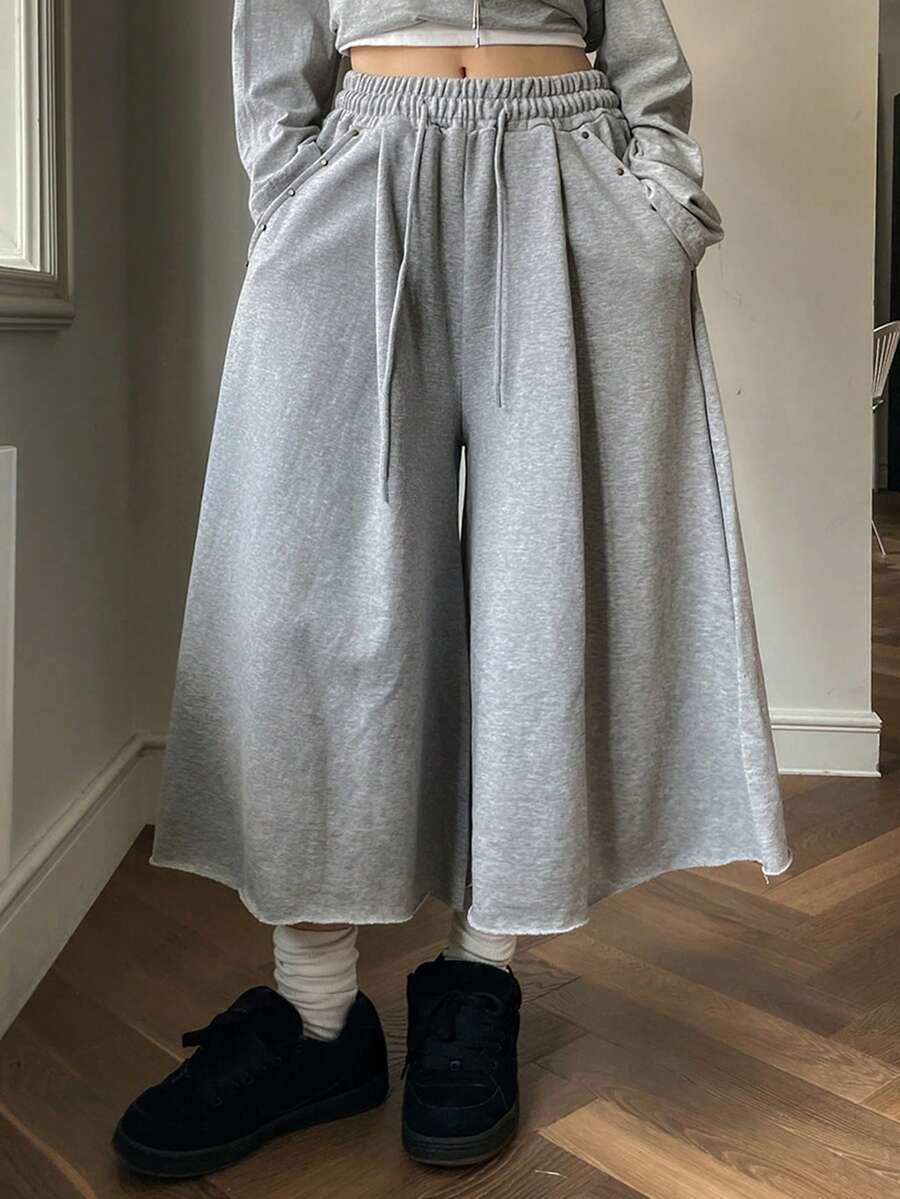 DAZY 复古美式极简高腰百搭休闲阔腿七分裤 - 灰色 - 查看 1