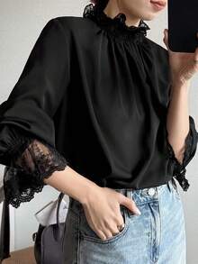 FRIFUL Women's Lace Trim Pleated Collar Fashion Versatile Long Sleeve Blouse For Commuting - Black - View 1