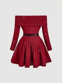 SHEIN MOD 1pc Plus Size Women Off Shoulder Glitter Long Sleeve Fashion Dress Valentine's Day Outfit