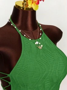 Amplova Vestido mini ajustado de tela texturizada con tirantes cruzados en la cintura - Verde - Ver 4