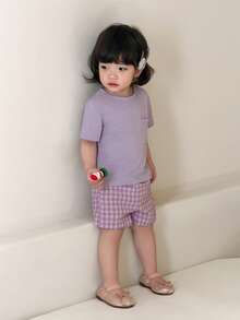 SHEIN 2pcs/Set Baby Girls' T-Shirt Set, Purple Casual Style Daily Fashion Versatile All-Match Cute Elegant Outfit, Suitable For Spring, Summer, Autumn - Purple - View 4
