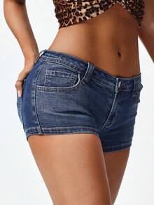SHEIN PETITE 女士性感紧身牛仔短裤，弹力竹纤维面料，春夏款 - 深色水洗藍 - 查看 3