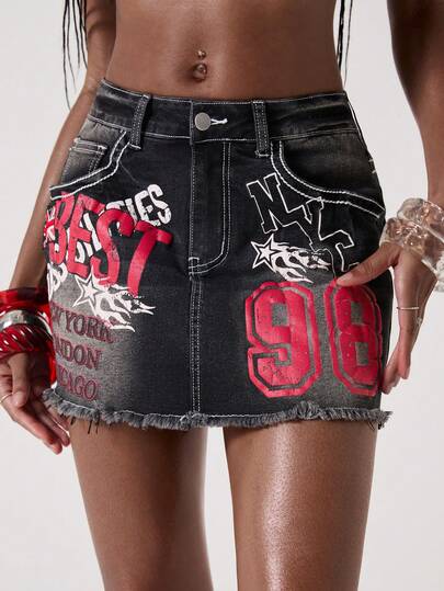ROMWE Avant Minifalda de mezclilla ajustada con eslogan y logo bordado de estilo universitario retro para volver al colegio para mujeres
