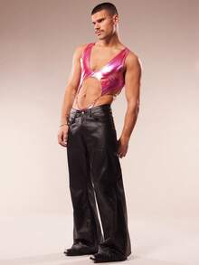 FeverCity Men's Solid Color Hollow-Out Metal Decor Jumpsuit - Pink - View 6