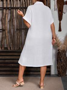 SHEIN 大码休闲纯色纽扣连衣裙 - 白色 - 查看 2