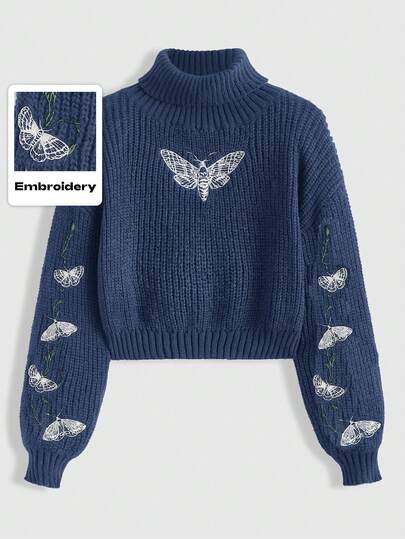 Goth Plus Size Moth & Butterfly Vine Embroidery Turtleneck Sweater