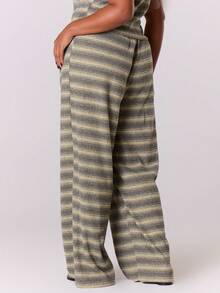 MUSERA 加大码条纹抽绳腰阔腿裤 - 彩色 - 查看 4
