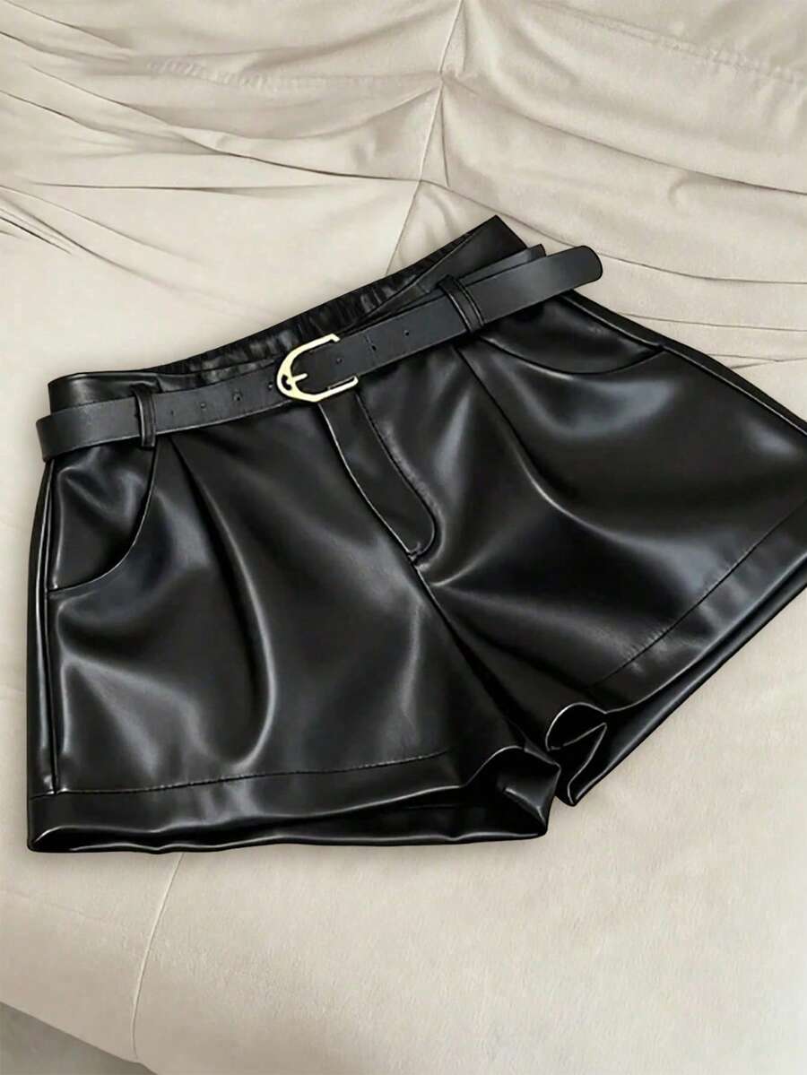 INAWLY Plus Size Solid Color Versatile Casual Shorts - Black - View 1